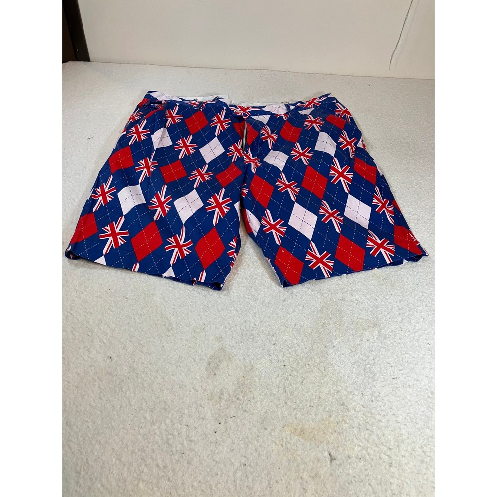 Royal & Awesome Mens Golf Shorts 44 Union Jack Argyle Red White Blue British